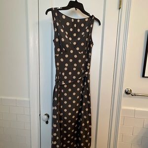 Tea-length silk DKNY dress, gray with cream dots, size 6